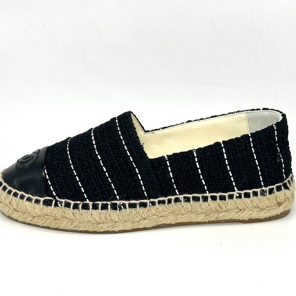 CHANEL 15S 2015 Classic Tweed Patent Cap Toe CC Logo Espadrilles Flats Shoes - Picture 3 of 16